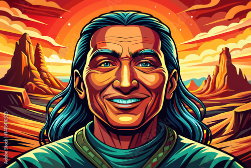 Portrait of Native American Indian Apache smile at sunset time 