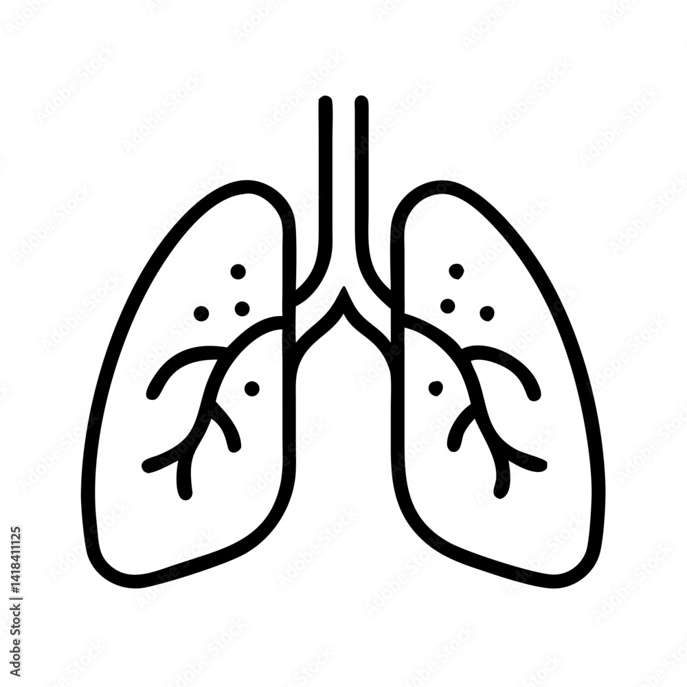 Minimalist black line icon of human lungs with infection or damage marks, symbol of respiratory disease, smoking effects, or lung health warning on white background Minimalist black line icon of human lungs with infection or damage marks, symbol of respiratory disease, smoking effects, or lung health warning on white background