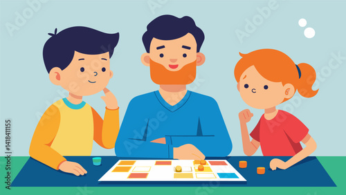 A father and his two children strategizing their next move in a game of Monopoly.. Vector illustration