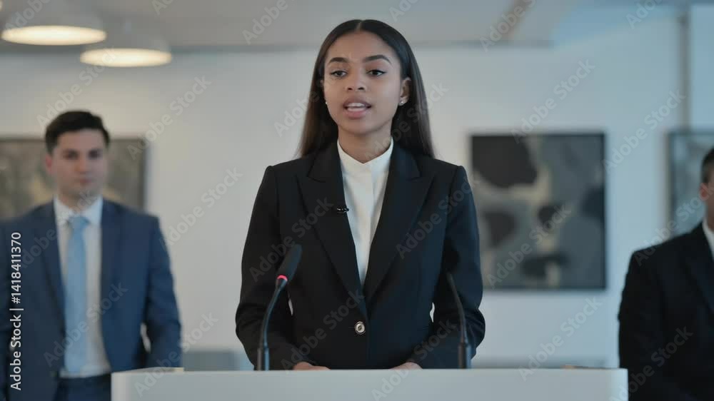 Young woman in formal attire delivers presentation behind podium with microphones with two male colleagues attending in modern interior Young woman in formal attire delivers presentation behind podium with microphones with two male colleagues attending in modern interior