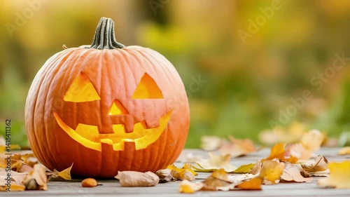 Curious bunny with pumpkin amidst autumn leaves captures charming fall vibes