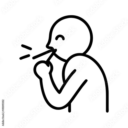 Minimalist black line icon of person whistling with fingers in mouth, symbol of attention, signal, celebration, sound or alert on white background