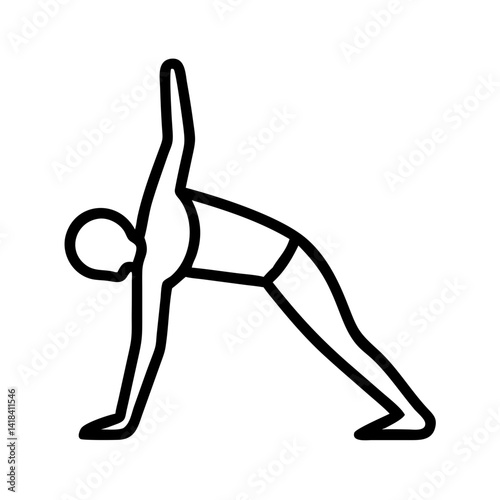 black outline icon of person doing yoga triangle pose with raised arm, minimal fitness or stretching exercise symbol, white background