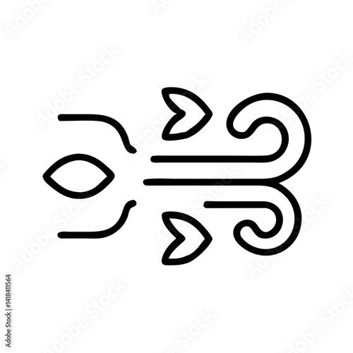 black outline icon of wind gust with swirls and flying leaves, minimal weather or air movement symbol, clean style, white background