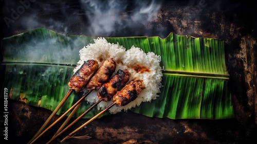 Thailand breakfast image of moo ping grilled pork skewers sticky rice served on banana leaf top down view showcasing rustic Thai street food setup with smoky charred texture and cultural ambiance