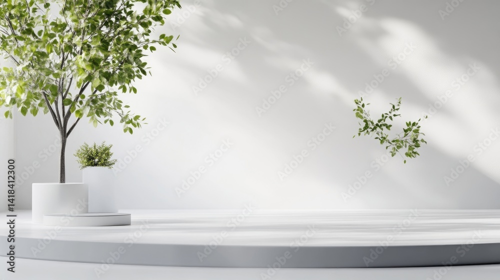 Obraz premium Circular Platform Minimalist Plants Soft Lighting High Resolution, Wide Angle View, Clean Lines Display, White Studio Backdrop, Bright Serene Mood, Ideal Product Showcase