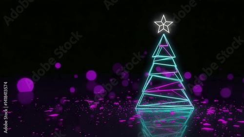 Vibrant neon christmas tree with pulsing pink lights and reflections in a dark setting