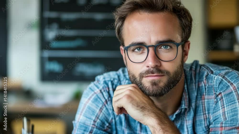 Thoughtful man contemplating in cozy workspace with focused expressions