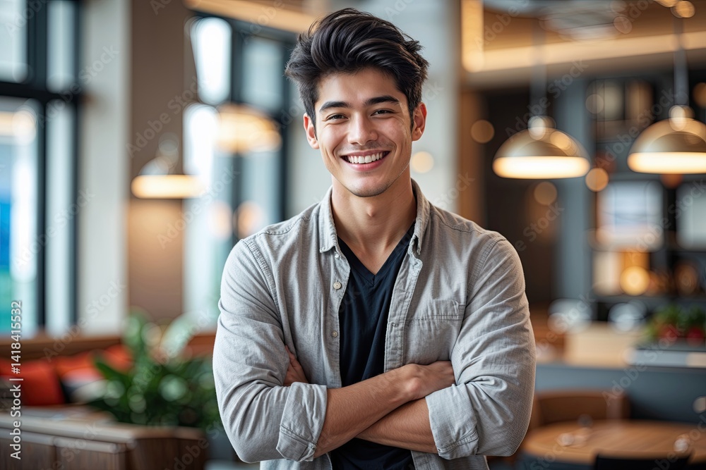 Fototapeta premium Confident Young Man Standing in Relaxed Style with a Broad Smile in an Engaging Backdrop