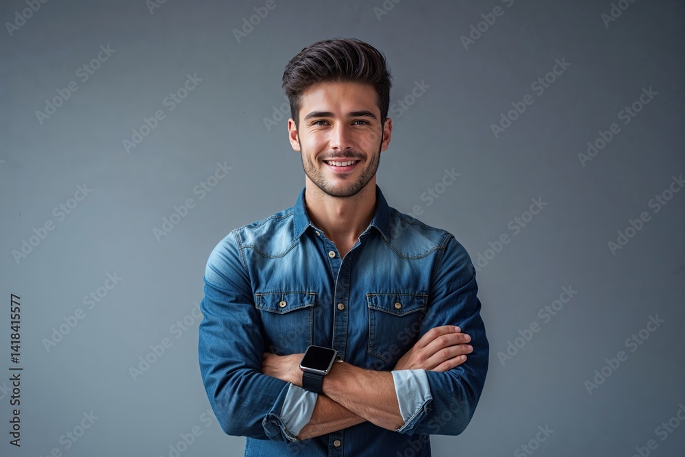 Fototapeta premium Charismatic Young Businessman in Chic Denim Shirt with Smartwatch Against Subtle Gray Backdrop