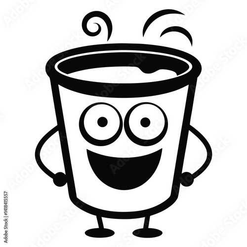 Black outline Cartoonish Coffee cup with hot streaming playful and exaggerated design On white background