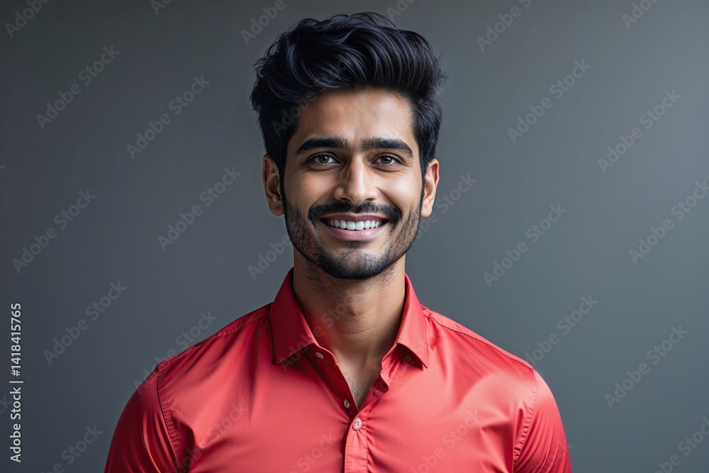 Obraz premium Radiant Young Indian Man in Stylish Red Shirt Exuding Positivity Against Smooth Grey Backdrop