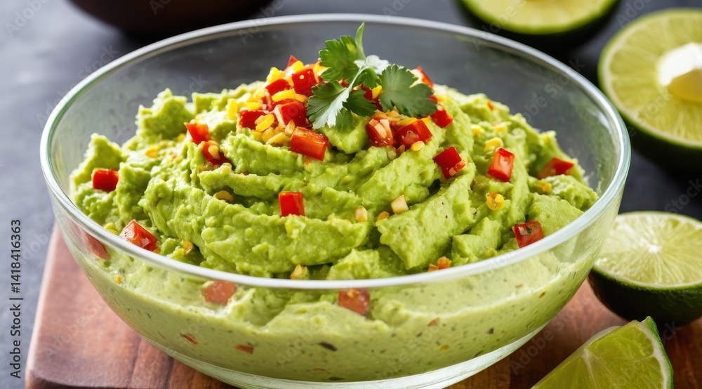 Fresh guacamole in a glass bowl garnished with red chili flakes and a cilantro sprig, surrounded by lime halves and red chili peppers Fresh guacamole in a glass bowl garnished with red chili flakes and a cilantro sprig, surrounded by lime halves and red chili peppers