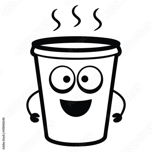 Black outline Cartoonish Coffee cup with hot streaming playful and exaggerated design On white background