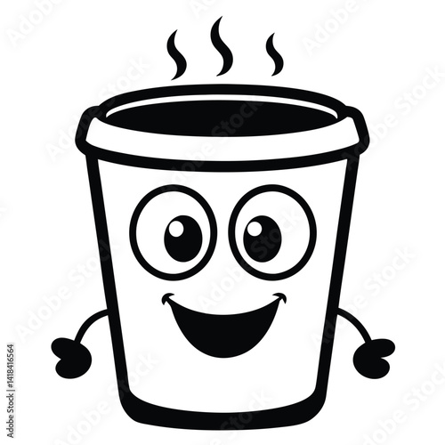 Black outline Cartoonish Coffee cup with hot streaming playful and exaggerated design On white background