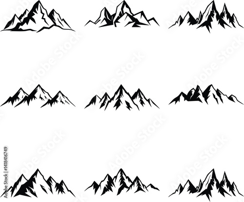 Mountain Silhouettes Set, Black and White, Vector Designs