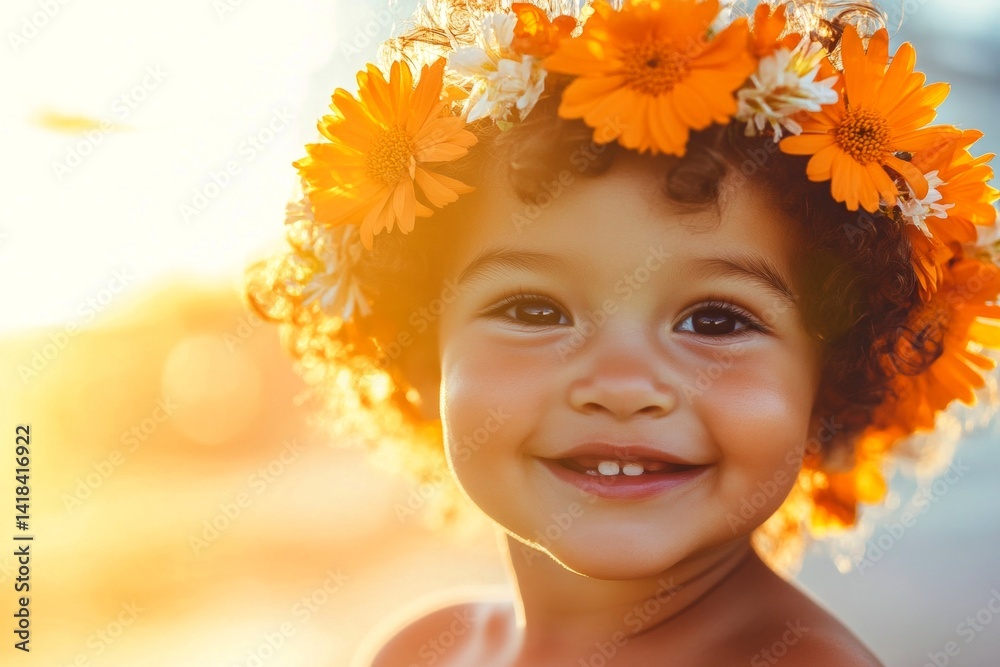 Fototapeta premium Happy sunny days holidays concept art. Smiling brazilian toddler boy with tt hair wearing orange flower crown on his head. Morning rays. Bohemian summer dream for kids. Summer fun for children.