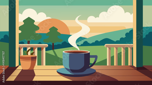 A steaming cup of coffee enjoyed peacefully on the porch.. Vector illustration