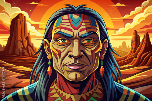 Portrait vector of Native American Indian Apache at sunset time, amazing Traditional Face Painting