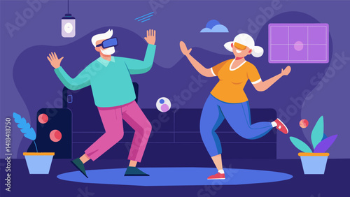 An elderly couple dancing in a virtual disco while engaging in VR fitness exercises.. Vector illustration