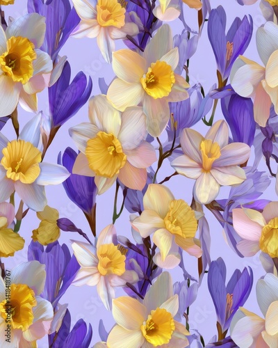 Floral pattern featuring daffodils and crocuses in shades of yellow, white, and purple against a soft light purple background.