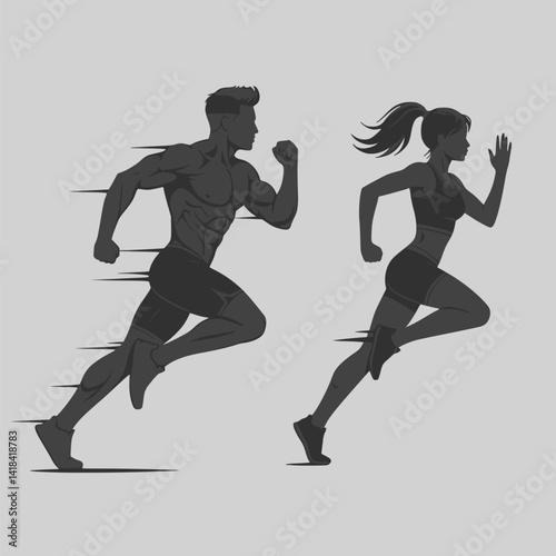 Running man and woman, isolated vector silhouettes. Run, side view. Silhouettes of athletic looking male and female runners running. EPS 10 version.