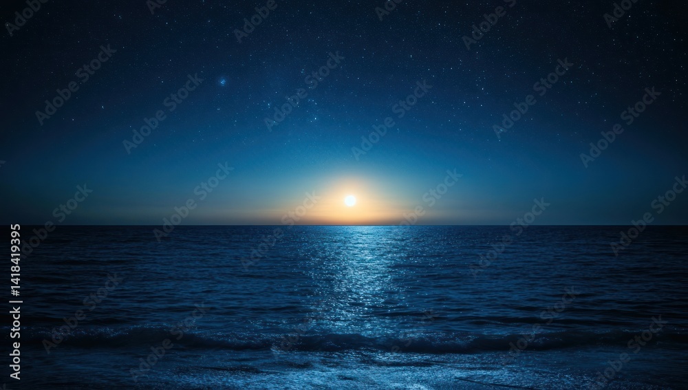 Ocean horizon with bright light reflecting on the water under a starry sky. Ocean horizon with bright light reflecting on the water under a starry sky.