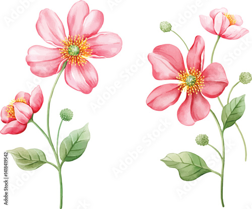 A gentle watercolor flower in soft pink with a yellow center, paired with light green leaves. Elegant and romantic, suitable for wedding invitations, seasonal designs, and feminine themes.