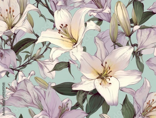 Elegant floral pattern with large white and lavender lilies, featuring detailed petals and green foliage against a soft background.