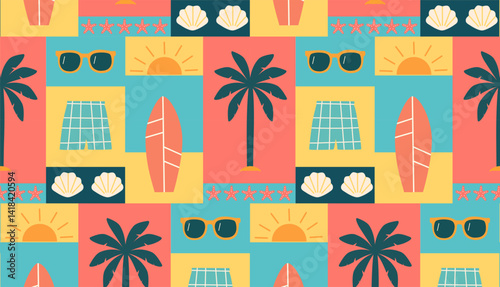 Seamless summer beach pattern with palm trees, surfboards, sunglasses, shells, and sun in retro geometric style. Perfect for textiles, packaging, wrapping paper, wallpapers, bannersand branding.