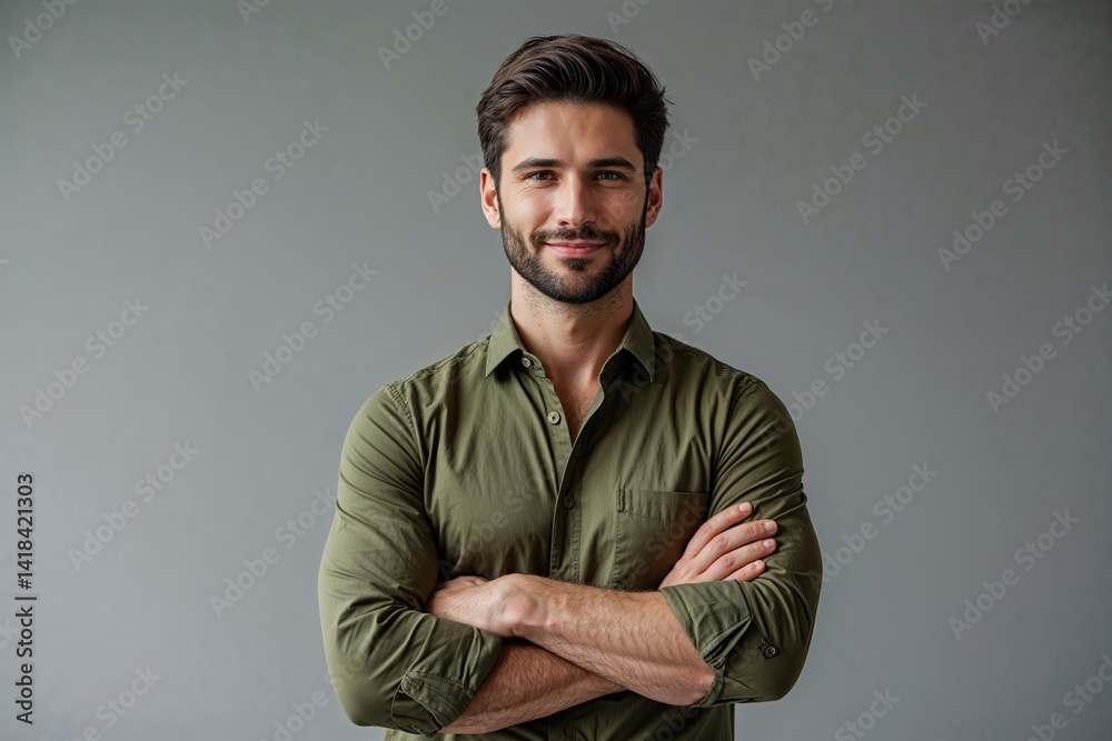 Obraz premium Corporate Male Model in Olive Green Shirt with Arms Crossed Against Gray Background