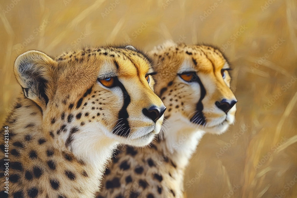 Two cheetahs are close together in tall dry grass looking to the right. Two cheetahs are close together in tall dry grass looking to the right.