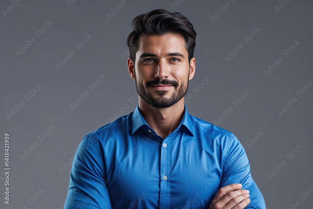 Fototapeta premium Confident Modern Businessman in Blue Shirt Portrait on Gray Background
