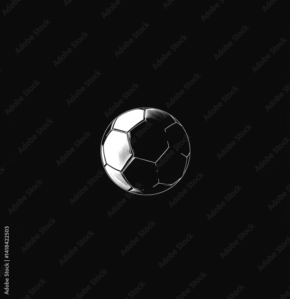 Naklejka premium A monochrome illustration of a soccer ball centered on a black background