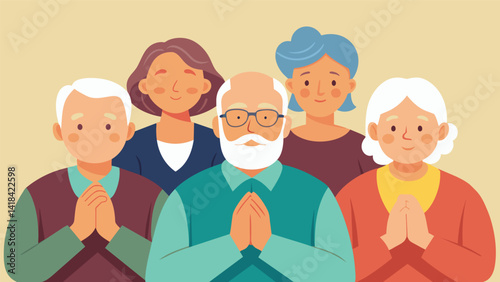 Elderly members of the church sat quietly their wrinkled hands folded in their laps a lifetime of faith and dedication evident in their serene. Vector illustration