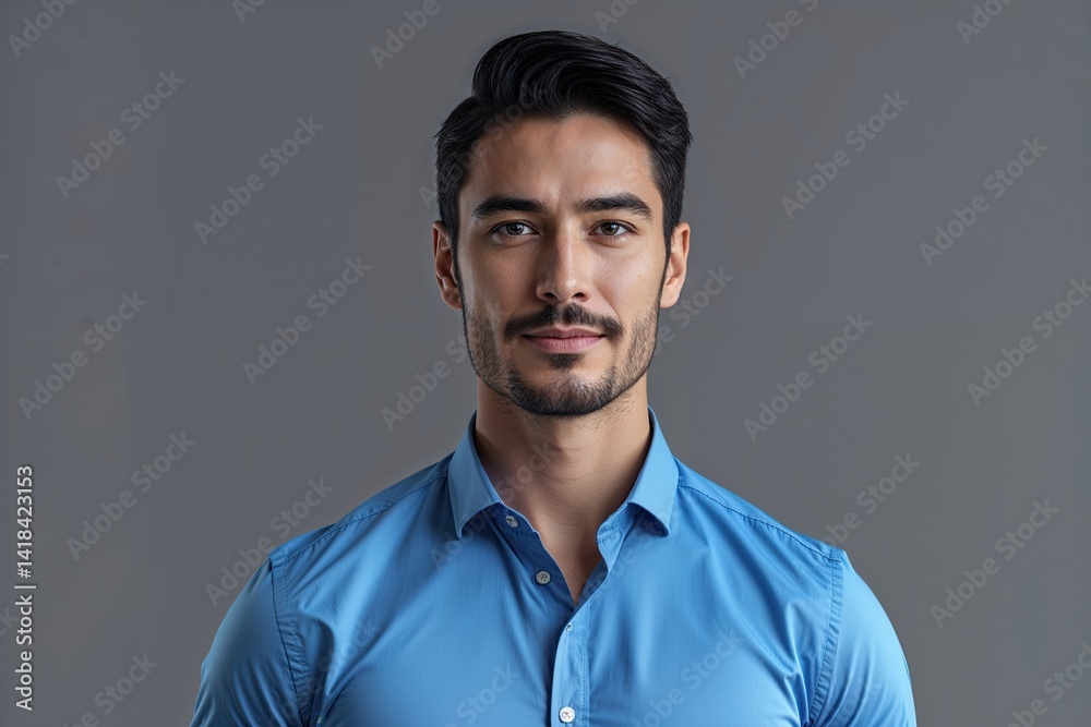 Obraz premium Confident Businessman in Blue Shirt Portrait on Gray Background