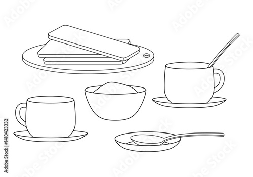 Coloring page with two cups of tea or coffee, bowl with sugar or sour or jam and a few slices of bread or crackers. Black and white outline image of tea time.