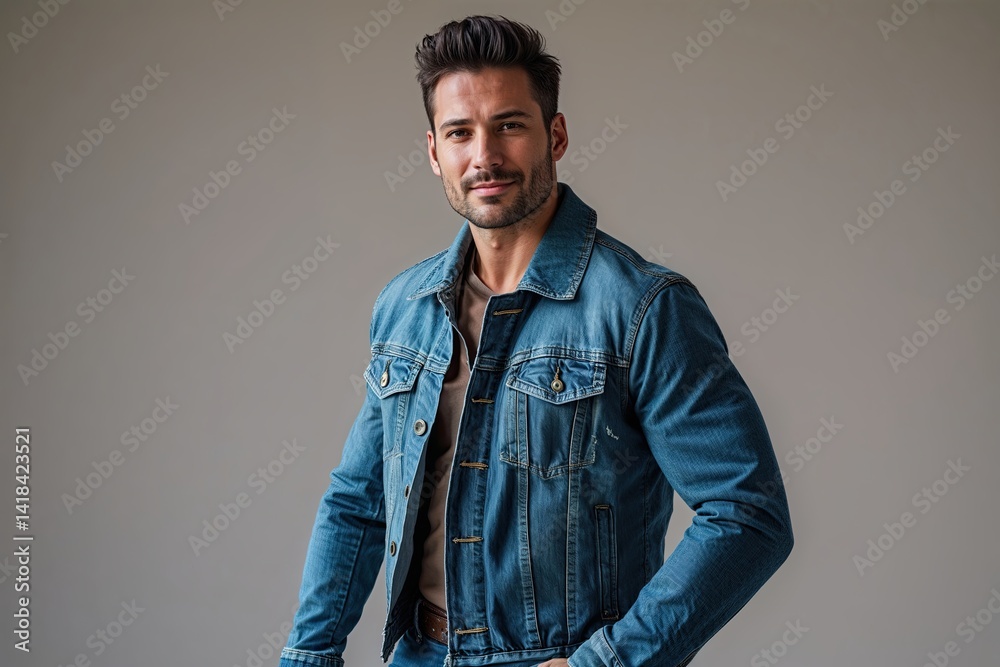 Obraz premium Confident Male Entrepreneur in Trendy Denim Jacket Posing Against Simple Background