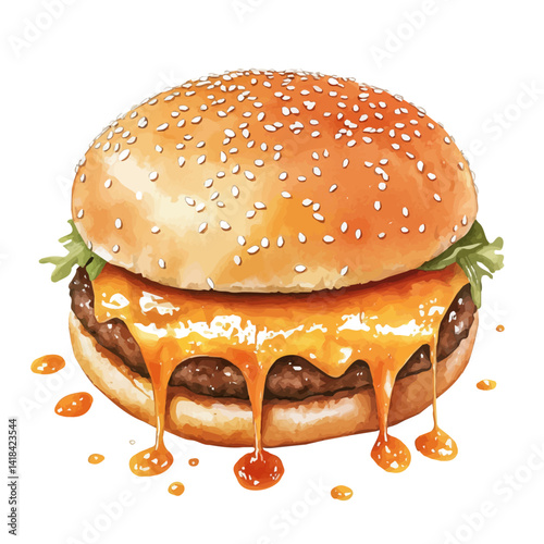 illustration of Burger With Dripping Sauce And Sesame Seeds, watercolor vector, isolated on a white background.