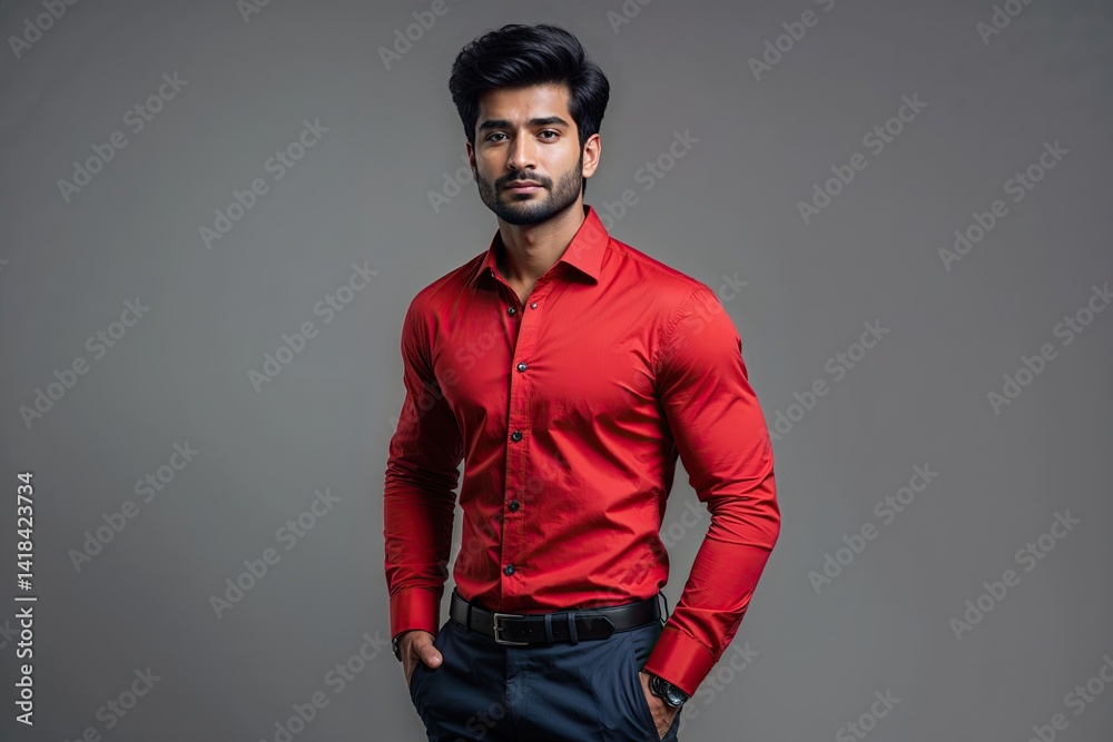 Fototapeta premium Stylish Young Indian Man in Red Shirt Posing Confidently Against Grey Background