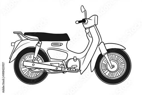Illustration of a classic step through motorcycle in black and white line art