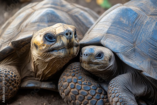 Two tortoises close together showing their shells and heads in an outdoor setting.
