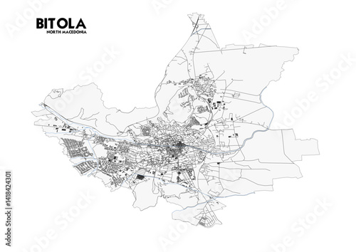 vector map of highway, buildings and waterway in bitola, north macedonia with black and white theme colors 