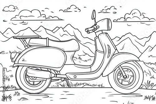A line drawing of a scooter with mountains and clouds in the background
