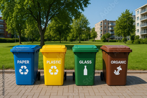 Color-coded recycling bins for waste sorting outdoors photo