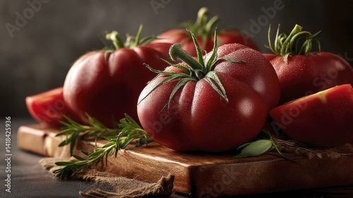 Several hamburger tomatoes arranged artistically on a wooden surface, showcasing their size and shape - presentation burger beefsteak
