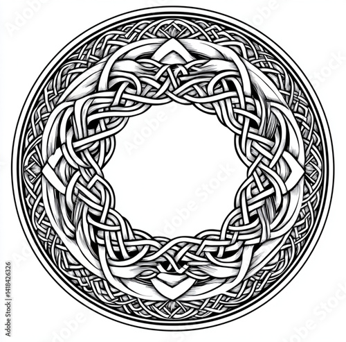 Circular celtic knot design with intricate interlaced patterns and borders
