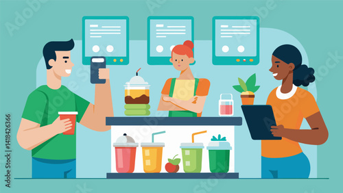 At the smoothie bar customers customize their postworkout shakes on tablets choosing from a variety of protein powders superfood addins and. Vector illustration