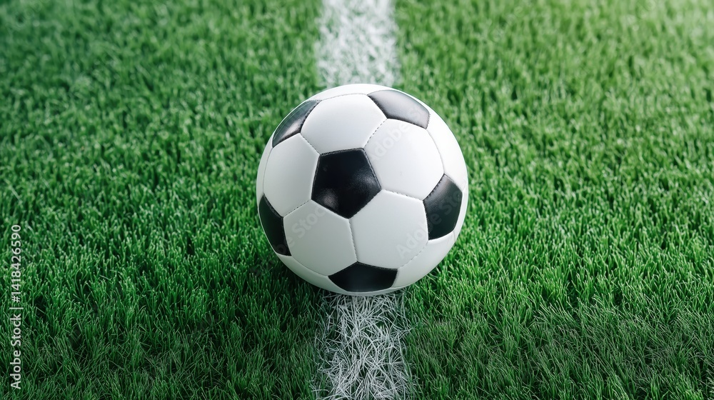 Naklejka premium Soccer ball centered on the field with vibrant green grass 
