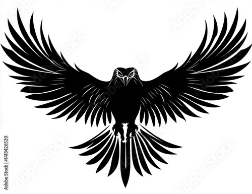 A black silhouette of an eagle with its wings spread on a white background